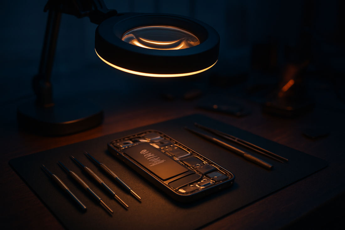 A smartphone opened for repair on a technician's workbench