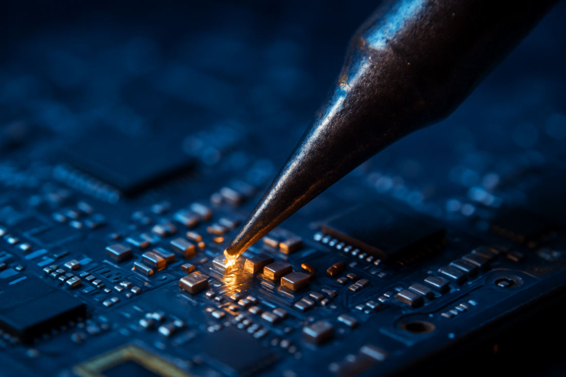 Microsoldering a tiny component on a circuit board under a microscope